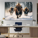 56549-MGV-CV-36X24-Wild Bison Wall Art – Majestic Buffalo Herd Running in Snow Canvas Print, Rustic Wildlife Photography Decor for Cabin, Lodge, or
