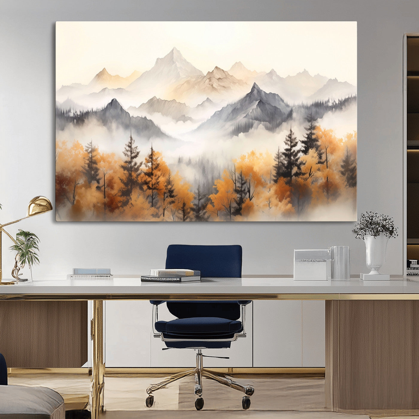 70049-MGV-CV-36X24-Autumn Mountain Forest Wall Art – Misty Landscape Canvas Print, Rustic Nature Inspired Decor for Living Room, Bedroom or Office