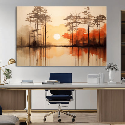 51083-MGV-CV-36X24-Sunset Lake Forest Wall Art – Serene Trees and Orange Sky Reflection Canvas Print, Tranquil Nature Decor for Living Room, Office