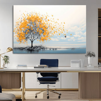 23385-MGV-CV-36X24-Golden Butterfly Tree Wall Art – Abstract Yellow and Gray Canvas Print, Modern Nature Artwork for Living Room, Bedroom or Office