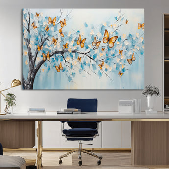 59455-MGV-CV-36X24-Butterfly Tree Branch Wall Art – Blue and Yellow Abstract Canvas Print, Modern Nature Artwork for Living Room, Bedroom or Office