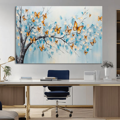 59455-MGV-CV-36X24-Butterfly Tree Branch Wall Art – Blue and Yellow Abstract Canvas Print, Modern Nature Artwork for Living Room, Bedroom or Office