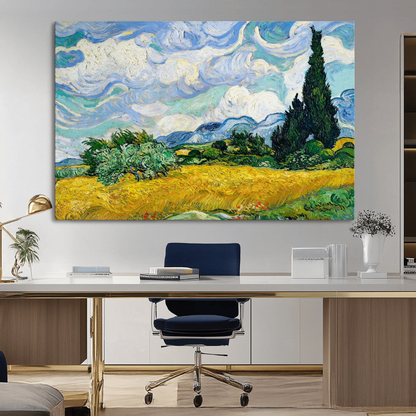97252-MGV-CV-36X24-Wheat Field with Cypress – Van Gogh Wall Art, Impressionist Landscape Canvas Print, Rustic Home Decor for Living Room or Office