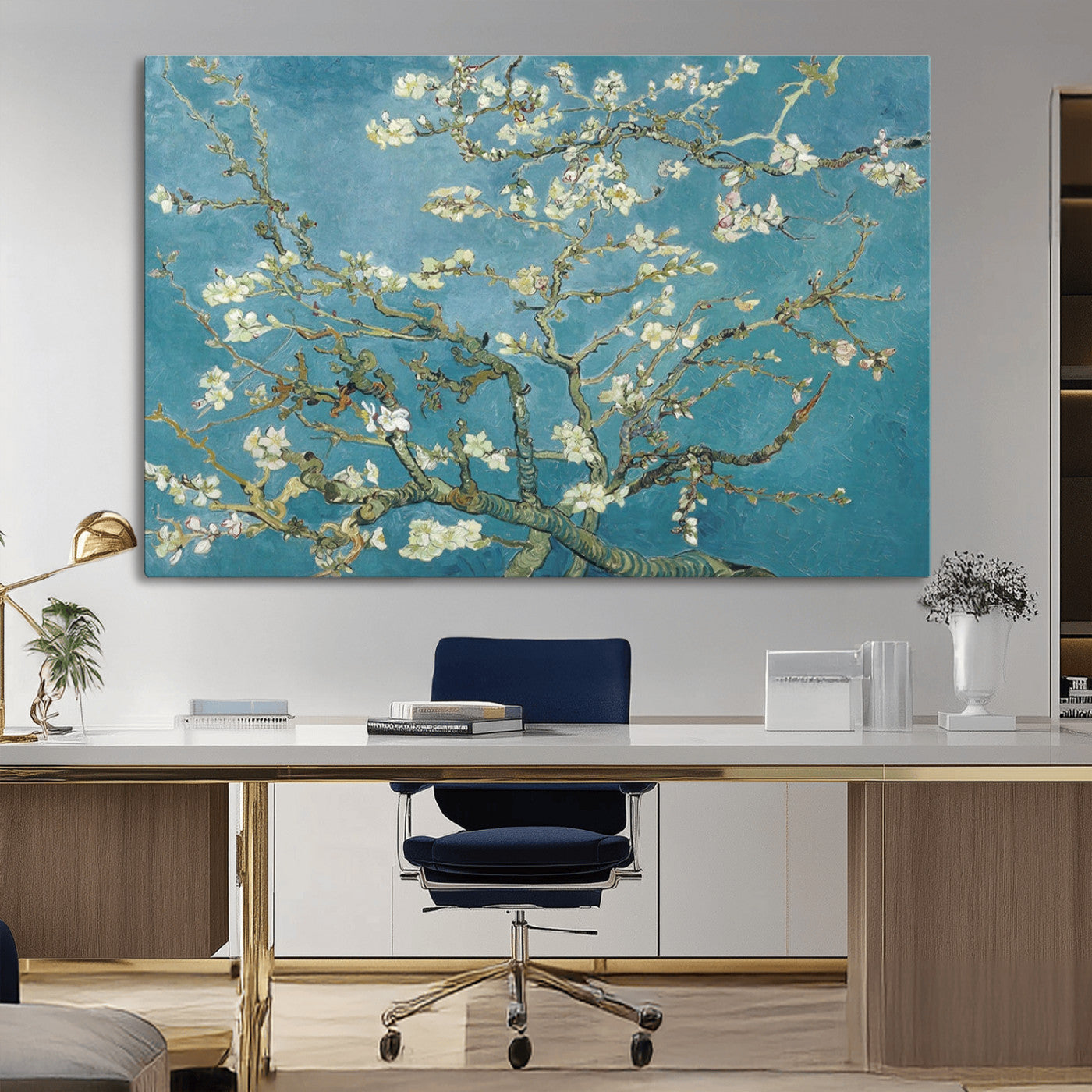 65607-MGV-CV-36X24-Almond Blossom Wall Art – Van Gogh Blue Floral Canvas Print, Elegant Impressionist Painting Decor for Living Room, Bedroom or