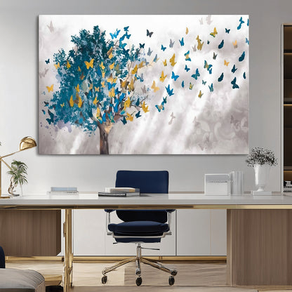 37564-MGV-CV-36X24-Butterfly Tree Wall Art – Modern Nature Canvas Print with Blue and Golden Butterflies, Elegant Decorative Painting for Living Room