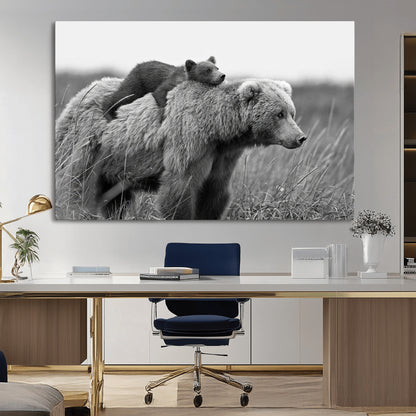 76338-MGV-CV-36X24-Mother Bear and Cub Wall Art – Black and White Wildlife Canvas Print, Rustic Nature Photography for Cabin, Living Room or Office