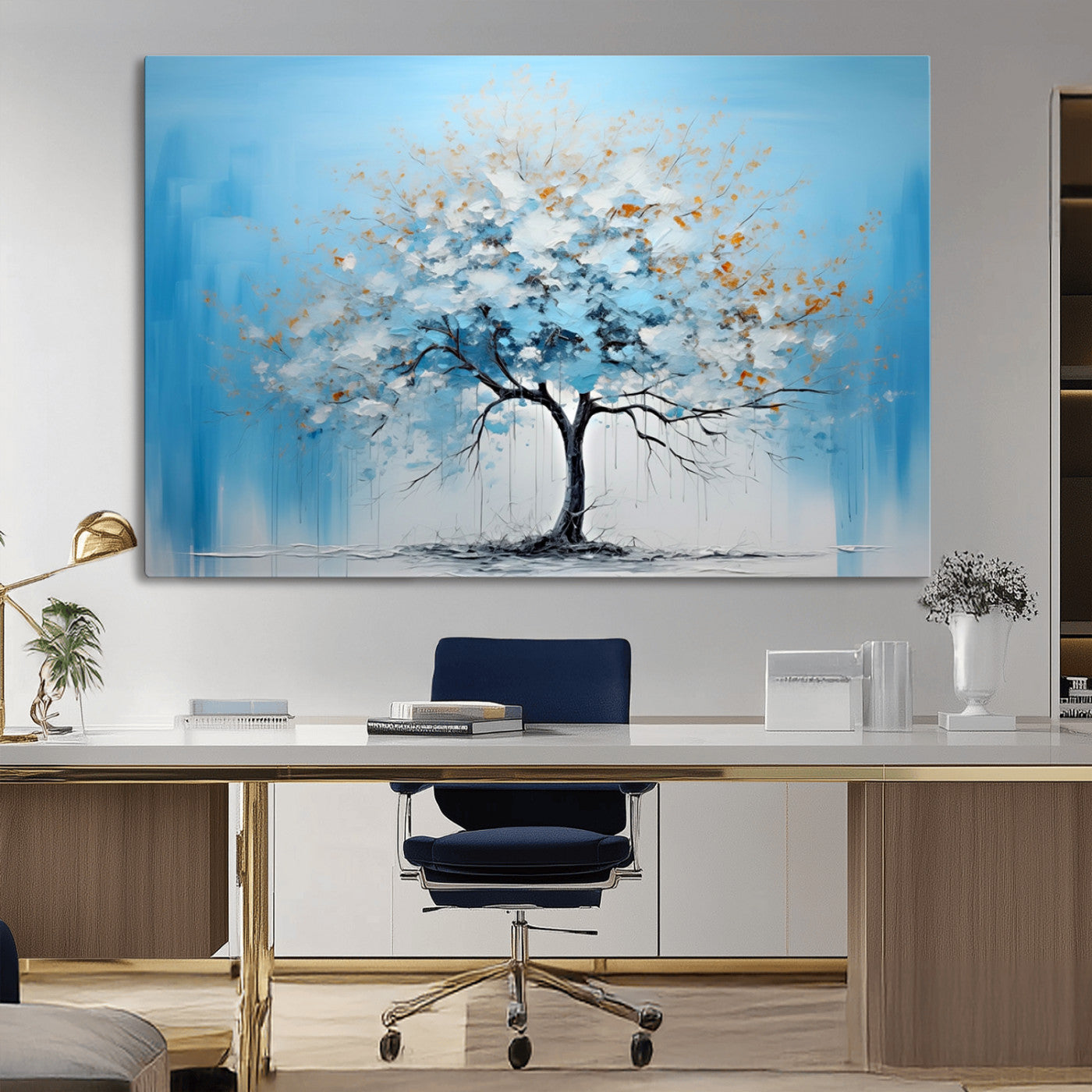 25021-MGV-CV-36X24-Abstract Tree Wall Art – Blue and White Canvas Painting with Gold Accents, Modern Nature-Inspired Artwork for Living Room, Bedroom