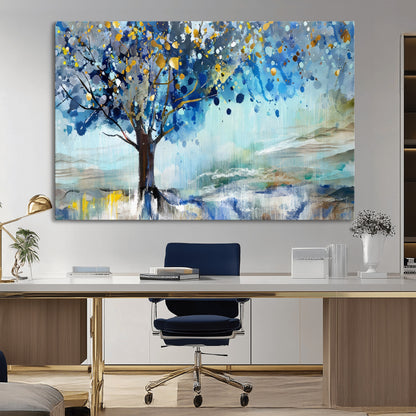 17018-MGV-CV-36X24-Abstract Blue Tree Wall Art – Colorful Canvas Painting with Gold and Silver Accents, Modern Nature Artwork for Living Room,