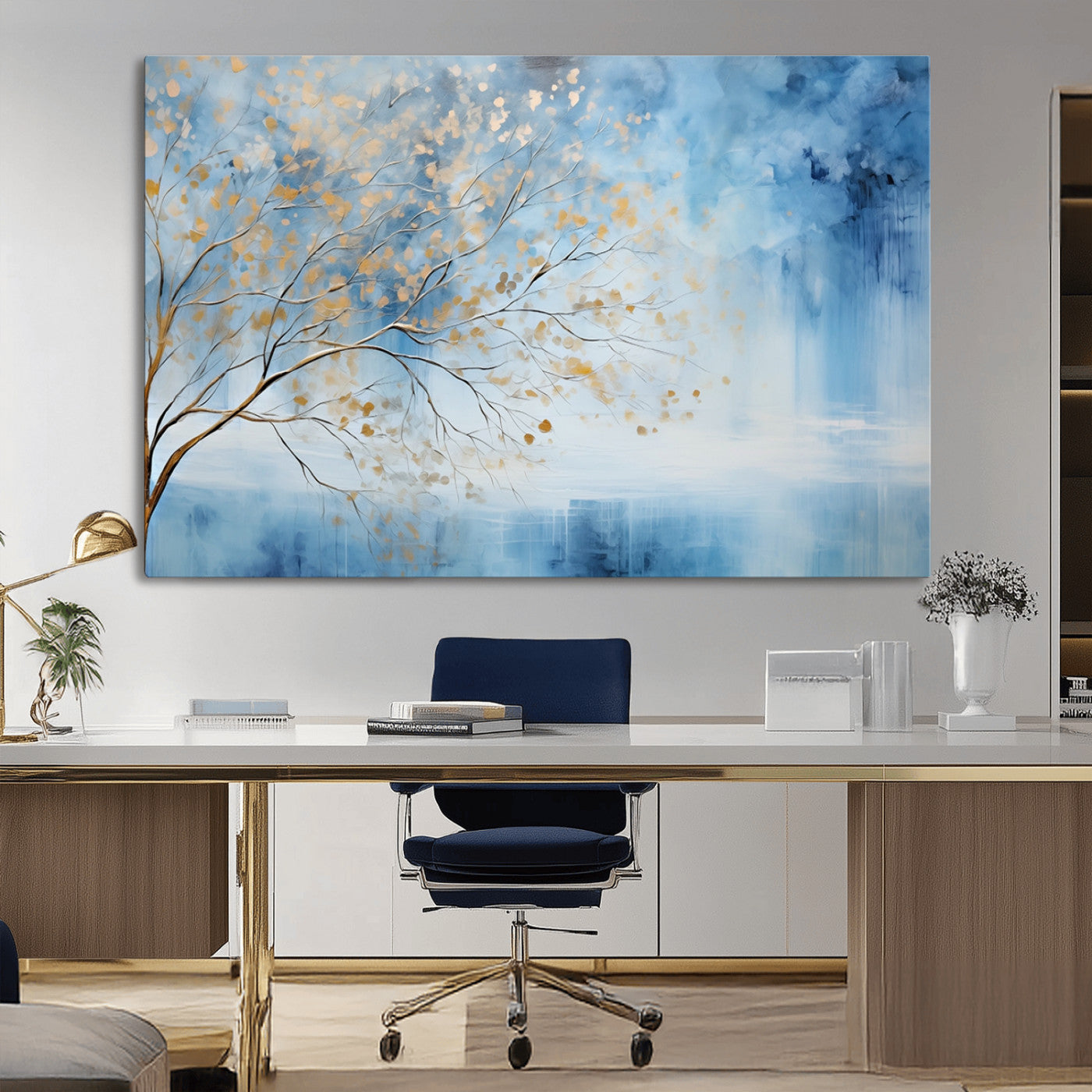 23891-MGV-CV-36X24-Abstract Tree Wall Art – Minimalist Blue and Gold Canvas Painting, Elegant Nature-Inspired Artwork for Living Room, Bedroom or
