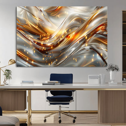 Lines1-MGV-CV-36X24-Abstract Metallic Wall Art – Silver and Gold Wave Canvas Print with Sparkling Accents, Modern Luxury Decor for Living Room, Office