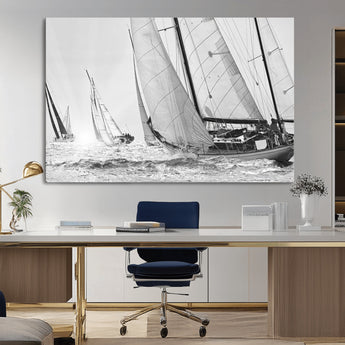 Boat-1-MGV-CV-36X24-Sailboat Racing Wall Art – Nautical Black and White Canvas Print, Ocean Adventure Decor for Office, Living Room or Bedroom