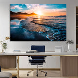 26494-MGV-CV-36X24-Ocean Sunset Wall Art – Scenic Beach Canvas Print with Waves and Mountains, Coastal Seascape Photography for Living Room, Bedroom