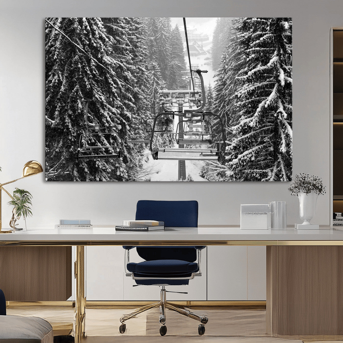 19240-MGV-CV-36X24-Ski Lift Wall Art – Black and White Winter Mountain Canvas Print, Snowy Forest Ski Resort Photography for Cabin, Lodge, Office or