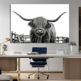 58188-MGV-CV-36X24-Highland Cow Wall Art – Black and White Rustic Farmhouse Canvas Print, Longhorn Cattle Photography Decor for Living Room or