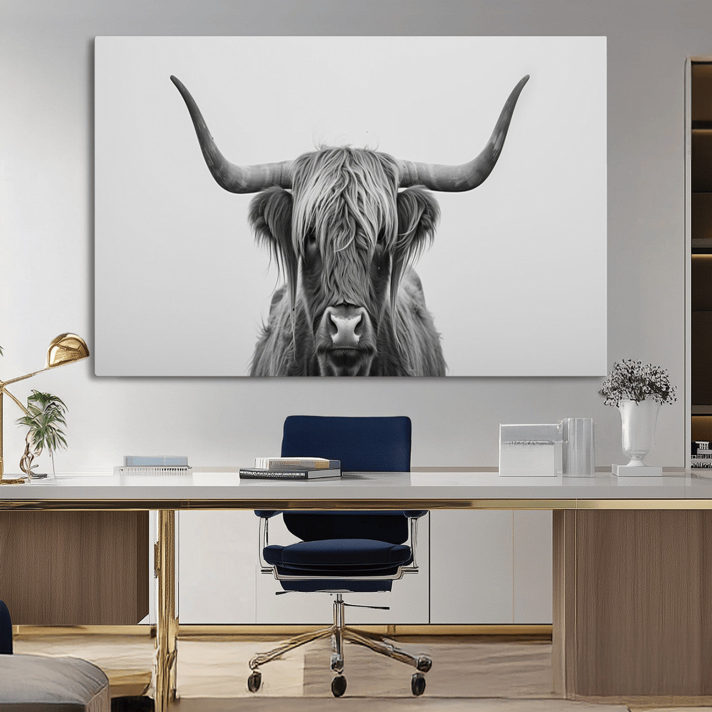 35820-MGV-CV-36X24-Minimalist Highland Cow Wall Art – Black and White Longhorn Cattle Canvas Print, Modern Farmhouse Animal Photography Decor for