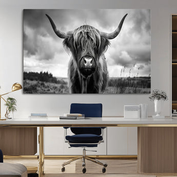17924-MGV-CV-36X24-Highland Cow Wall Art – Black and White Rustic Longhorn Cattle Canvas Print, Farmhouse Animal Photography Decor for Country Home