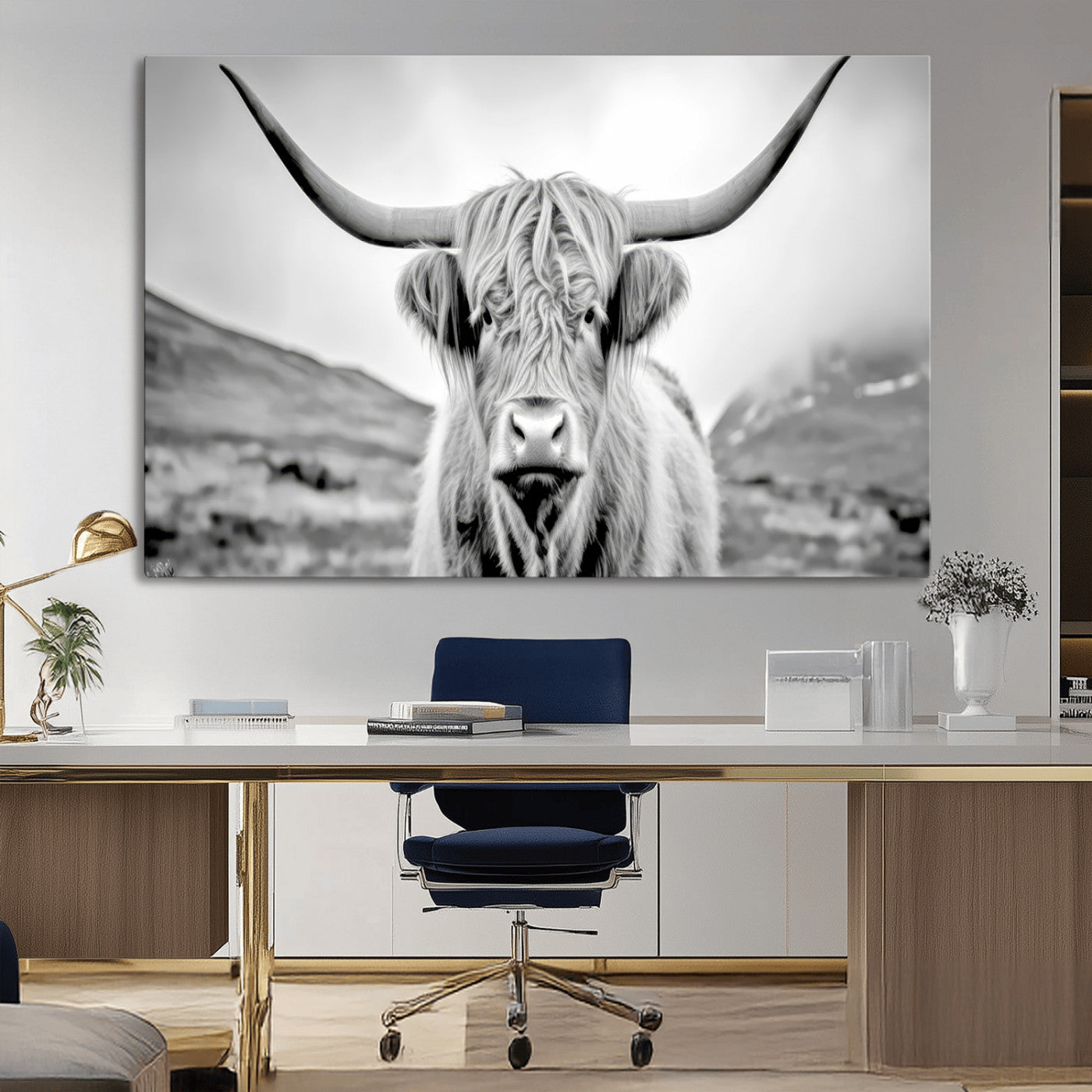 80564-MGV-CV-36X24-Highland Cow Wall Art – Black and White Scottish Highland Canvas Print, Rustic Farmhouse Decor for Living Room, Bedroom or Office