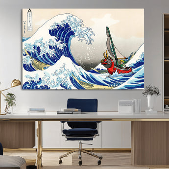 19450-MGV-CV-36X24-Great Wave Adventure Wall Art – Japanese Style Ocean Canvas Print, Fantasy Sailing Decor for Living Room, Bedroom or Office