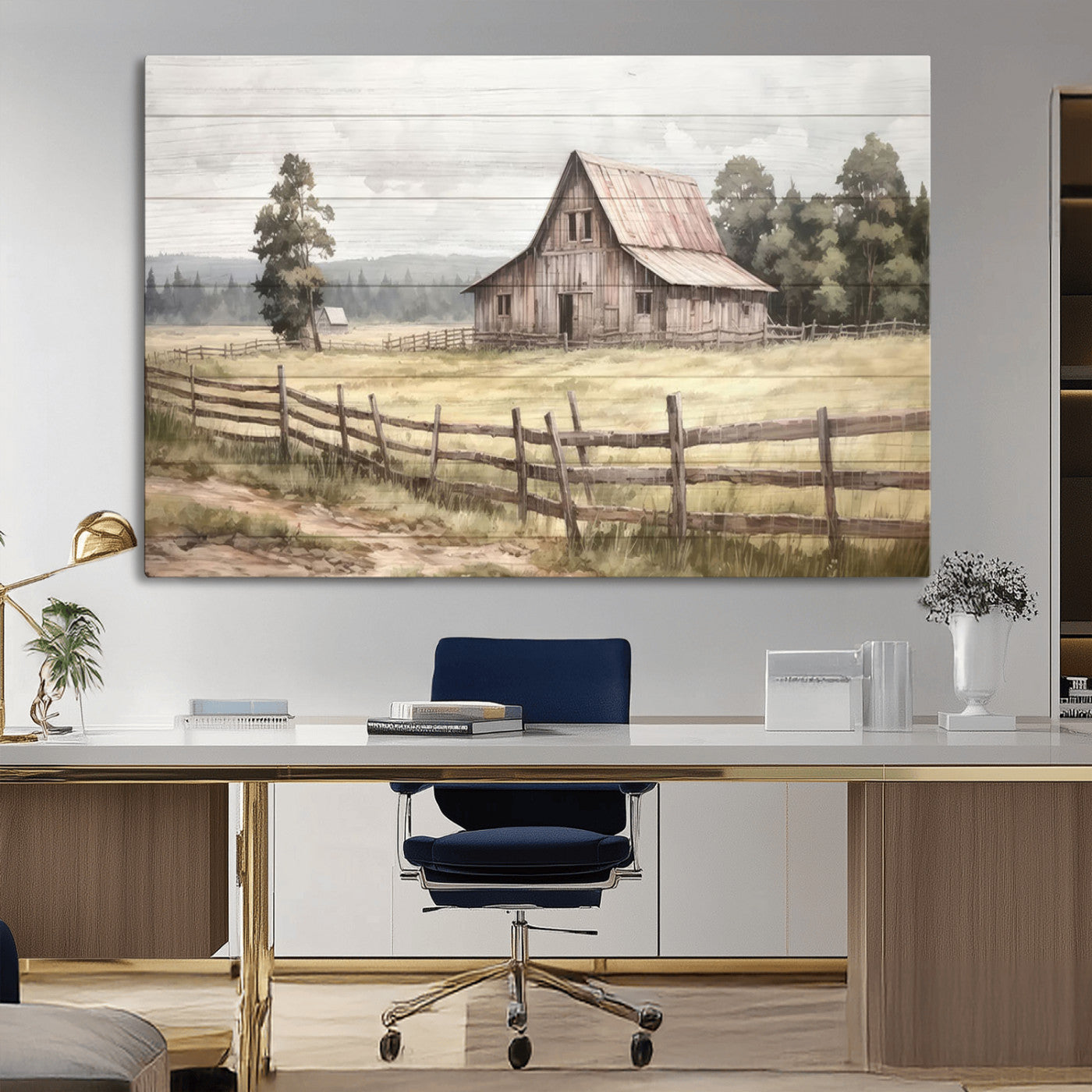 87489-MGV-CV-36X24-Rustic Barn Wall Art – Vintage Farmhouse Canvas Print with Wooden Fence, Country Landscape Decor for Living Room, Kitchen or