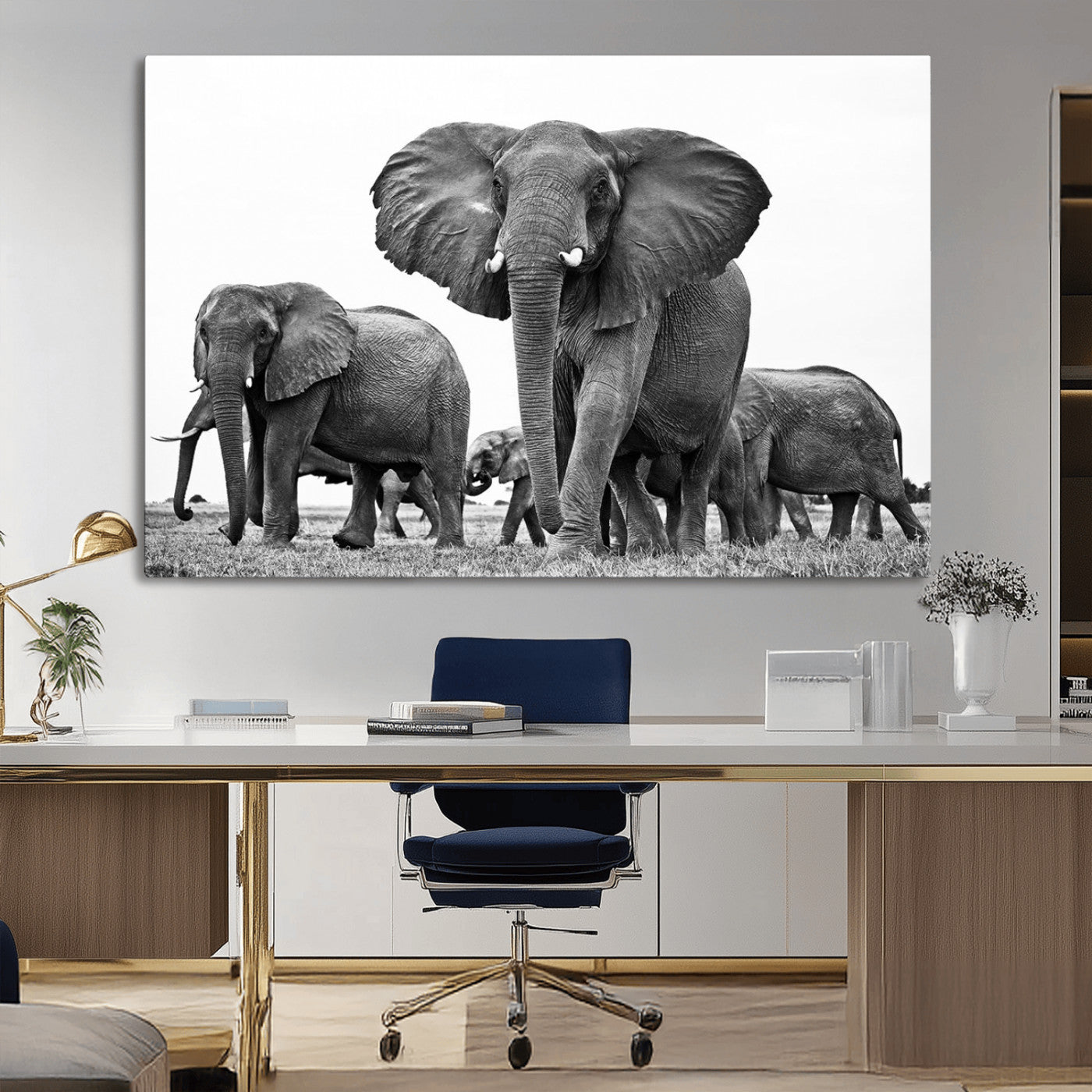 91685-MGV-CV-36X24-Elephant Herd Wall Art – Black and White Safari Canvas Print, African Wildlife Photography Decor for Living Room, Office or