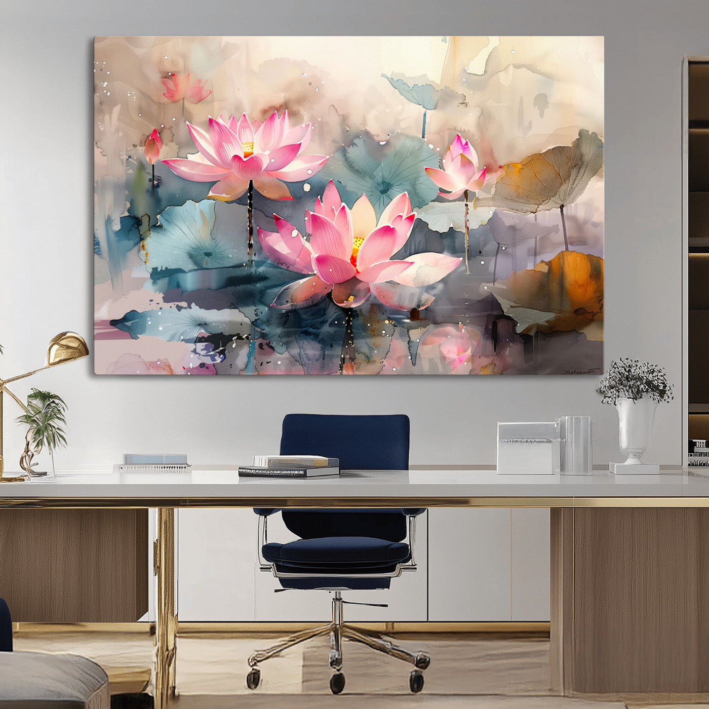 27936-MGV-CV-36X24-Lotus Pond Wall Art – Watercolor Pink Lotus Flowers Canvas Print, Tranquil Botanical Artwork for Bedroom, Living Room or