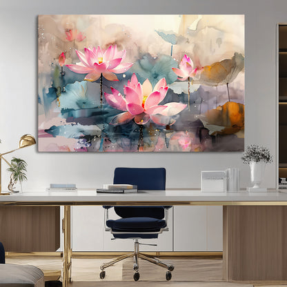 27936-MGV-CV-36X24-Lotus Pond Wall Art – Watercolor Pink Lotus Flowers Canvas Print, Tranquil Botanical Artwork for Bedroom, Living Room or