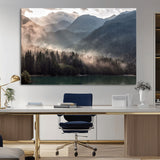 61116-MGV-CV-36X24-Misty Mountain Lake Wall Art – Tranquil Foggy Forest and Lake Canvas Print, Scenic Nature Landscape Decor for Living Room or