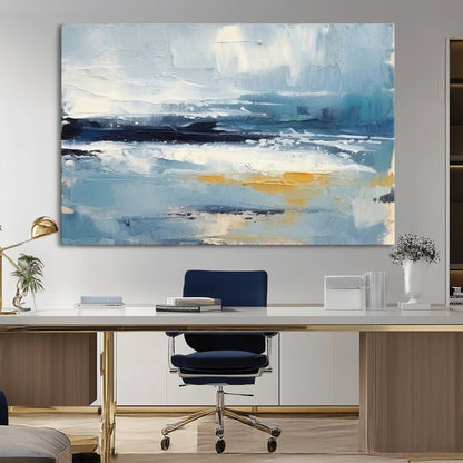 19746-MGV-CV-36X24-Abstract Ocean Wall Art – Modern Coastal Canvas Print with Blue, White and Gold Textures, Contemporary Seascape Painting for