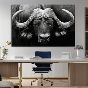 75273-MGV-CV-36X24-Buffalo Wall Art – Black and White African Buffalo Canvas Print, Rustic Wildlife Animal Artwork for Farmhouse, Living Room,