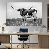 94709-MGV-CV-36X24-Texas Longhorn Wall Art – Black and White Bull Photography Canvas Print, Western Farmhouse Wall Decor for Living Room, Office or