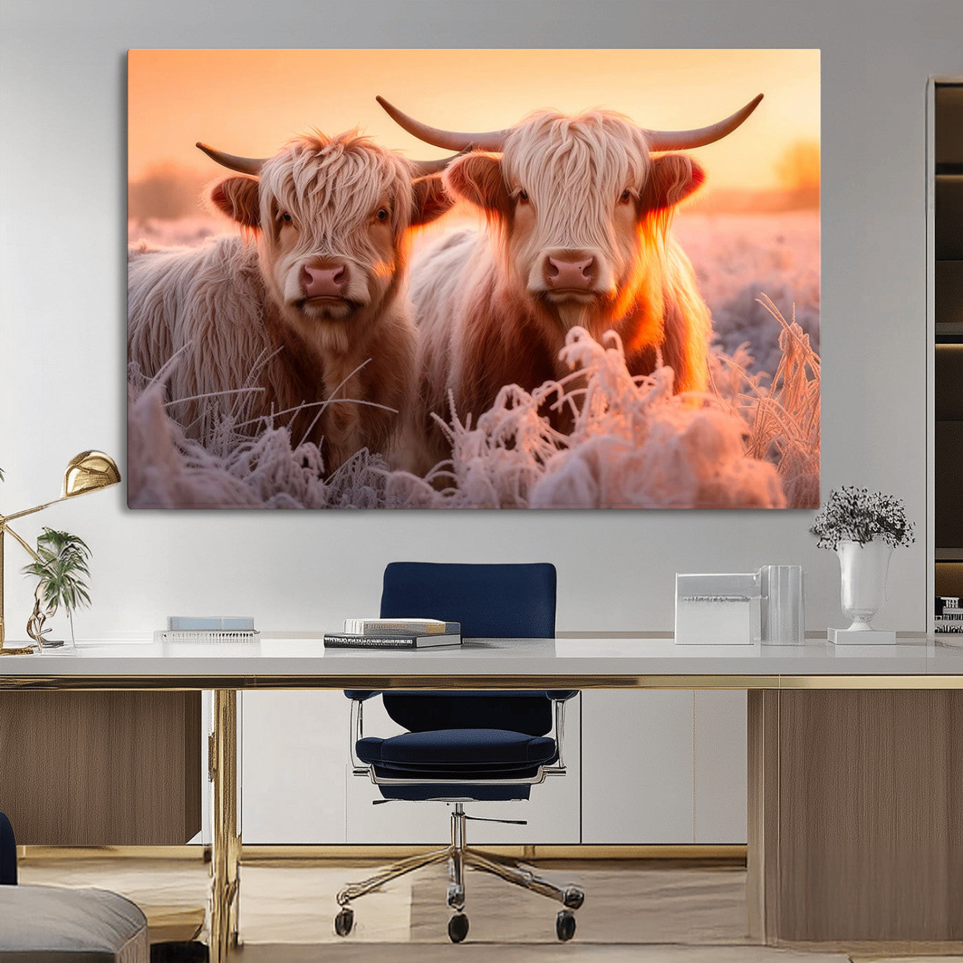 68253-MGV-CV-36X24-Highland Cow Wall Art – Rustic Farmhouse Cattle Canvas Print, Frosty Sunset Animal Artwork for Living Room, Bedroom or Country