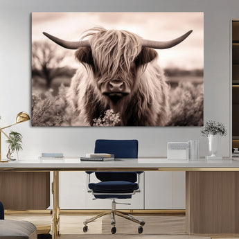 55903-MGV-CV-36X24-Highland Cow Wall Art – Rustic Sepia Scottish Highland Bull Canvas Print, Farmhouse Country Animal Decor for Living Room, Bedroom
