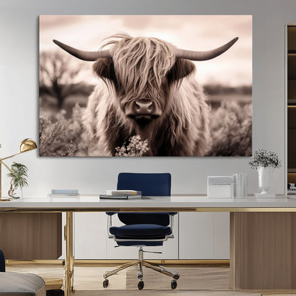 55903-MGV-CV-36X24-Highland Cow Wall Art – Rustic Sepia Scottish Highland Bull Canvas Print, Farmhouse Country Animal Decor for Living Room, Bedroom