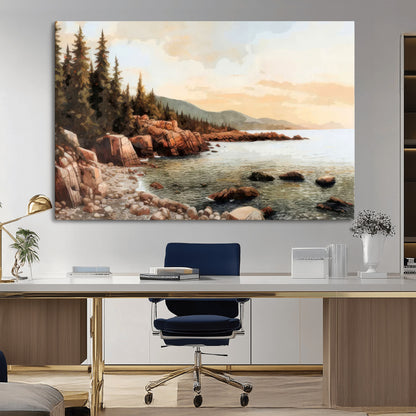 77145-MGV-CV-36X24-Coastal Landscape Wall Art – Panoramic Rocky Shoreline and Pine Trees Canvas Print, Rustic Nature Decor for Cabin, Lodge, Office,