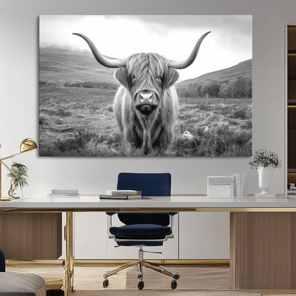 52903-MGV-CV-36X24-Highland Cow Wall Art – Black and White Canvas Print Rustic Cattle Portrait, Farmhouse Country Decor for Living Room, Office,