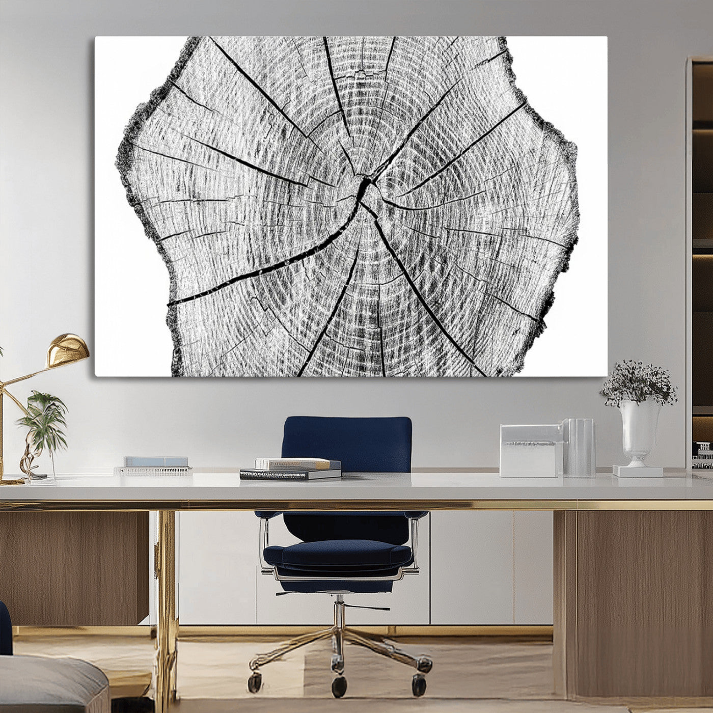 98709-MGV-CV-36X24-Tree Ring Wall Art – Black and White Canvas Print Rustic Wood Cross Section, Minimal Nature Inspired Decor for Living Room,