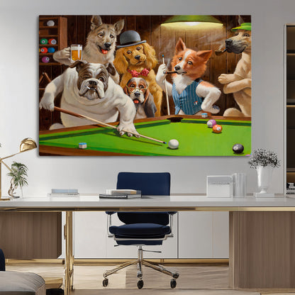 34228-MGV-CV-36X24-Dogs Playing Pool Wall Art Canvas Print, Framed Funny Dog Art Picture Print, Dog Perfect Game Room Decor Artwork