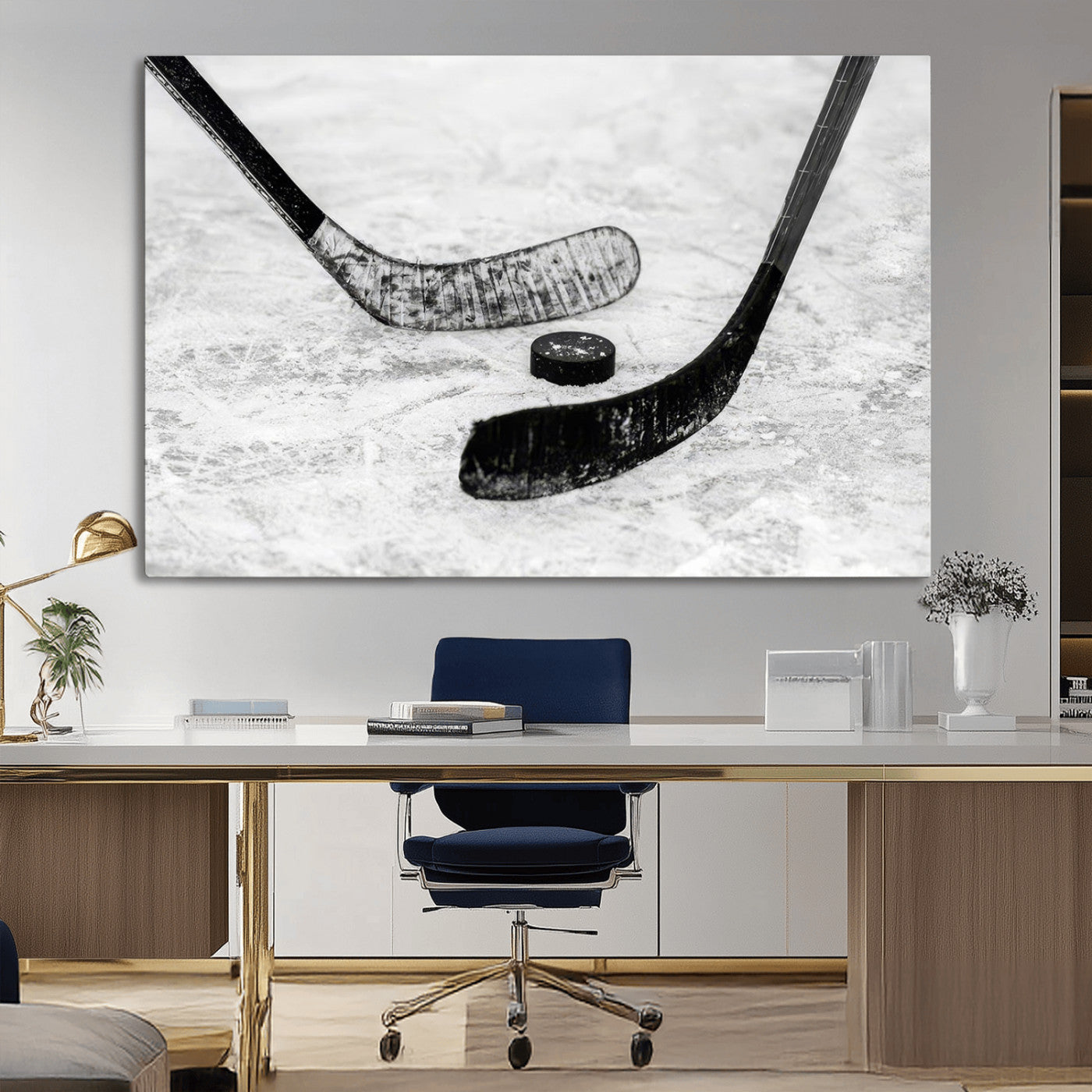 82900-MGV-CV-36X24-Hockey Wall Art – Black and White Canvas Print Ice Rink Sticks Puck Sports Photography, Modern Decor for Game Room, Man Cave,