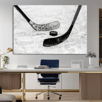 82900-MGV-CV-36X24-Hockey Wall Art – Black and White Canvas Print Ice Rink Sticks Puck Sports Photography, Modern Decor for Game Room, Man Cave,