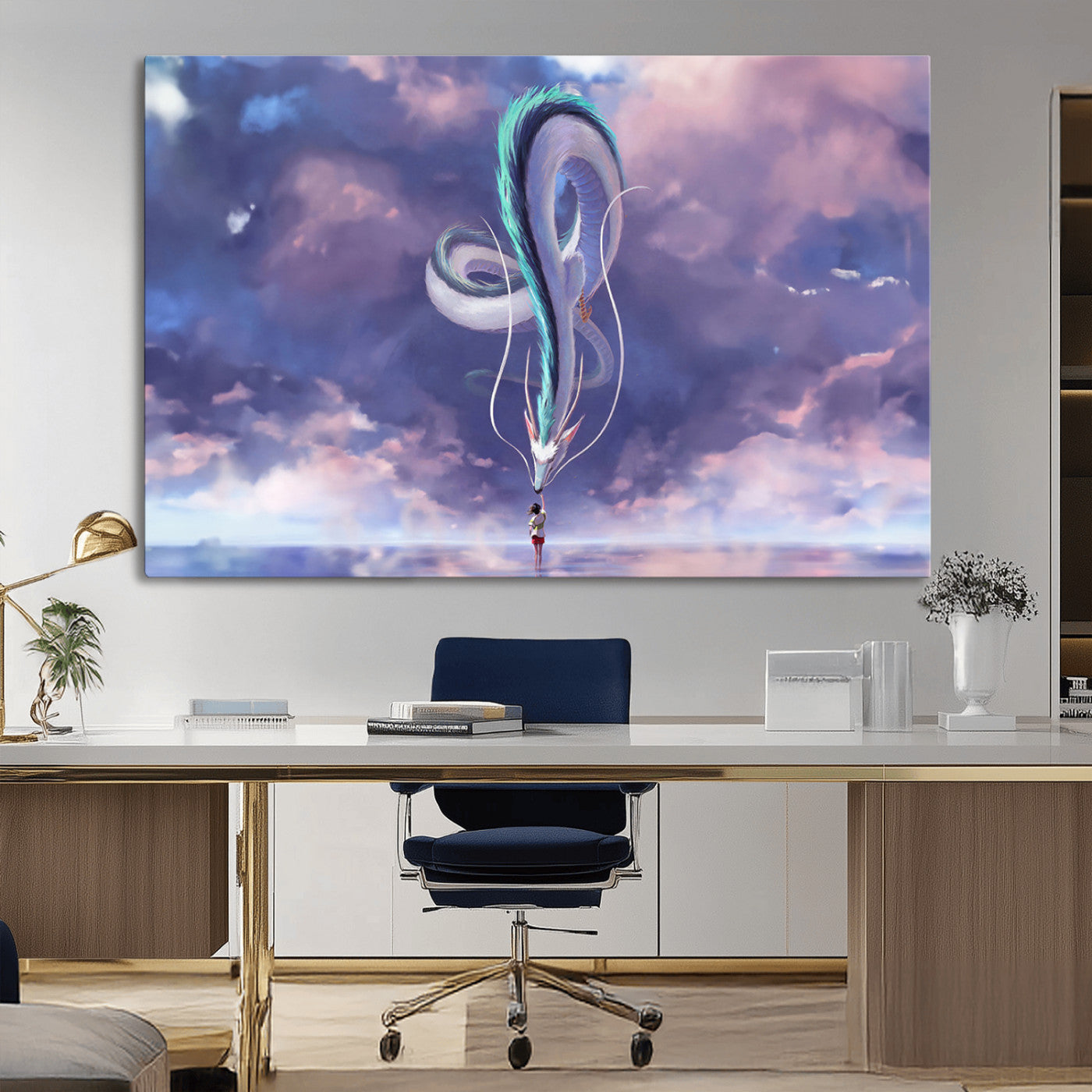 66864-MGV-CV-36X24-Fantasy Dragon Wall Art – Mystical Canvas Print Girl and Sky Serpent Dreamlike Clouds, Magical Anime Inspired Decor for Living
