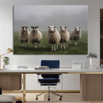 87339-MGV-CV-36X24-Sheep Wall Art – Rustic Farmhouse Canvas Print Flock Standing Misty Field Countryside Photography, Country Animal Decor for Living