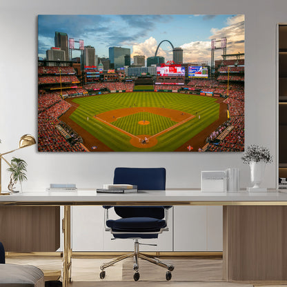 91908-MGV-CV-36X24-Baseball Stadium Wall Art – Canvas Print Game Day Field City Skyline Iconic Arch Scene Sports Photography, Decor for Game Room,