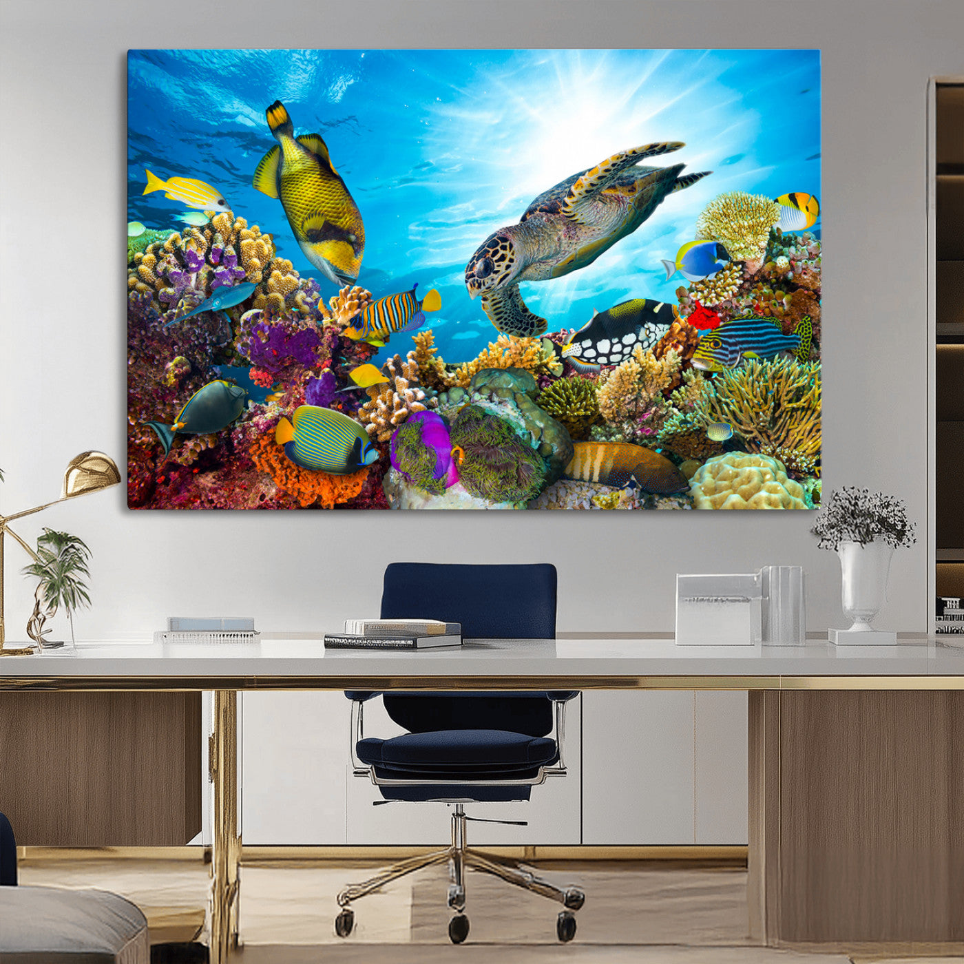 44772-MGV-CV-36X24-Underwater Sea Turtle Wall Art – Vibrant Coral Reef and Tropical Fish Canvas Print, Ocean Marine Life Decor for Living Room,