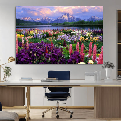 82270-MGV-CV-36X24-Colorful Wildflower Meadow Landscape Wall Art – Snow-Capped Mountain Lake Sunset Print, Vibrant Nature Artwork for Living Room,