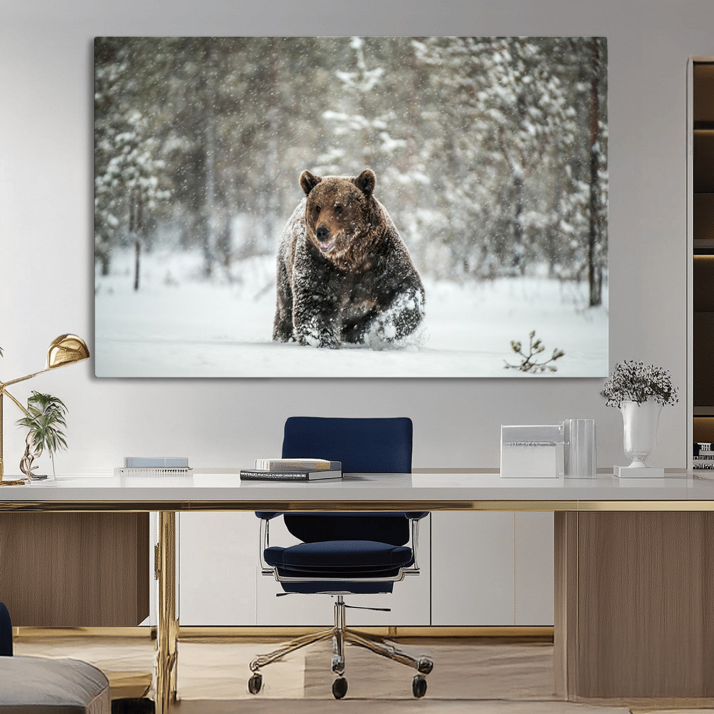 43350-MGV-CV-36X24-Wild Bear in Snow Wall Art – Majestic Wildlife Photography Print, Winter Forest Nature Decor for Cabin, Lodge, Rustic Home,