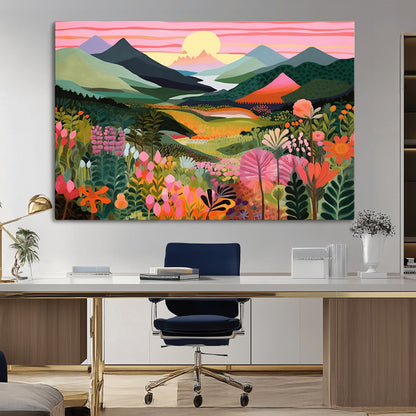 99638-MGV-CV-36X24-Sunset Meadow Wall Art – Panoramic Mountain Landscape with Wildflowers Canvas Print, Vibrant Nature Decor for Living Room, Bedroom