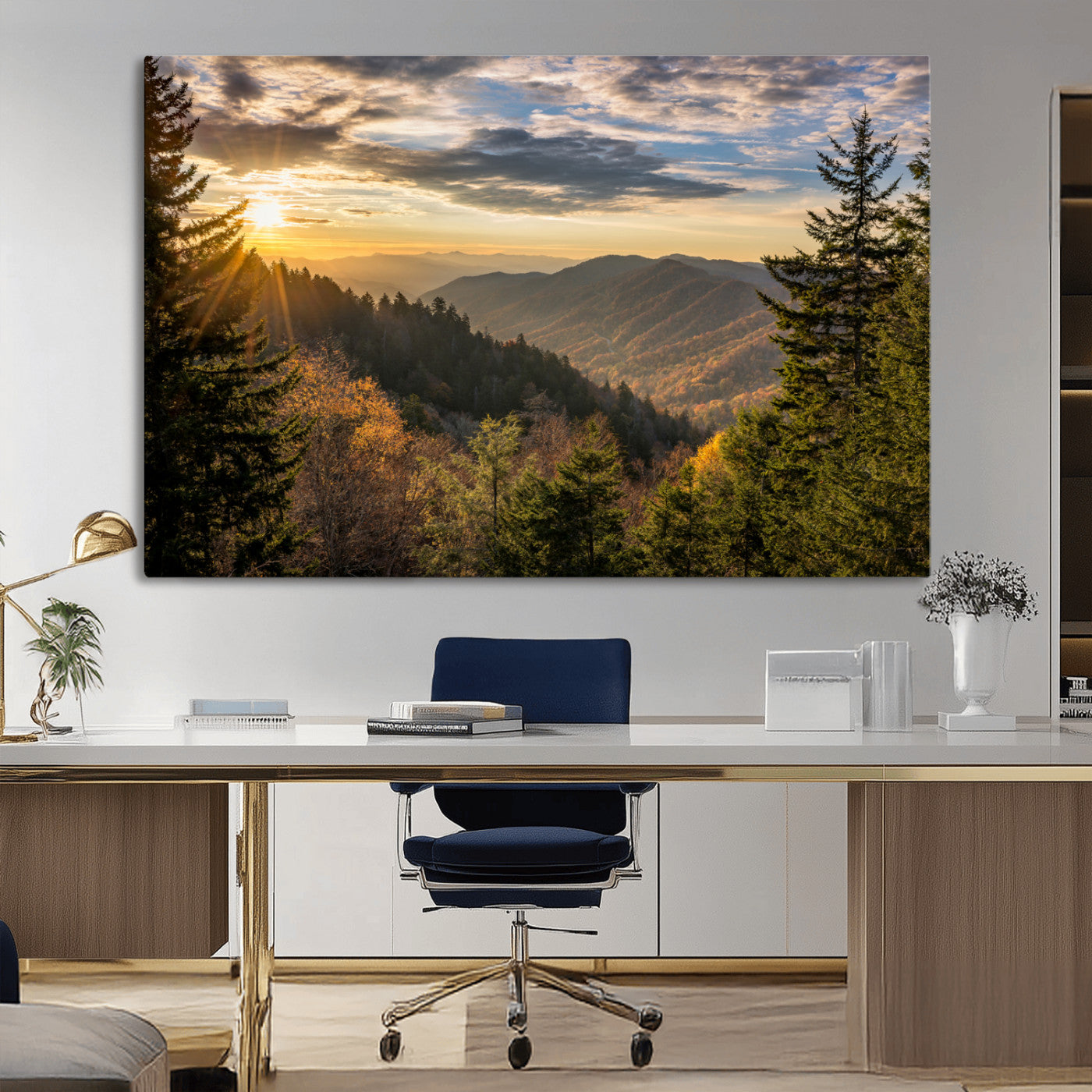 73692479-MGV-CV-36X24-Smoky Mountains Wall Art Canvas Print, Framed Forest Mountain Art Picture Print, Spring Mountain Perfect Spring Style Decor