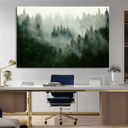 167720496-MGV-CV-36X24-Misty Forest Wall Art – Serene Evergreen Trees Canvas Print, Foggy Mountain Nature Landscape Decor for Bedroom, Living Room or