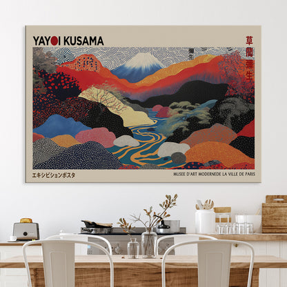 49228-MGV-FC-93X47-3P_Black-Kusama Wall Art – Vibrant Japanese Landscape Canvas Print, Modern Abstract Mountain and River Decor for Living Room, Office or Art