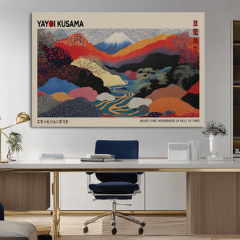 49228-MGV-FC-93X47-3P_Black-Kusama Wall Art – Vibrant Japanese Landscape Canvas Print, Modern Abstract Mountain and River Decor for Living Room, Office or Art